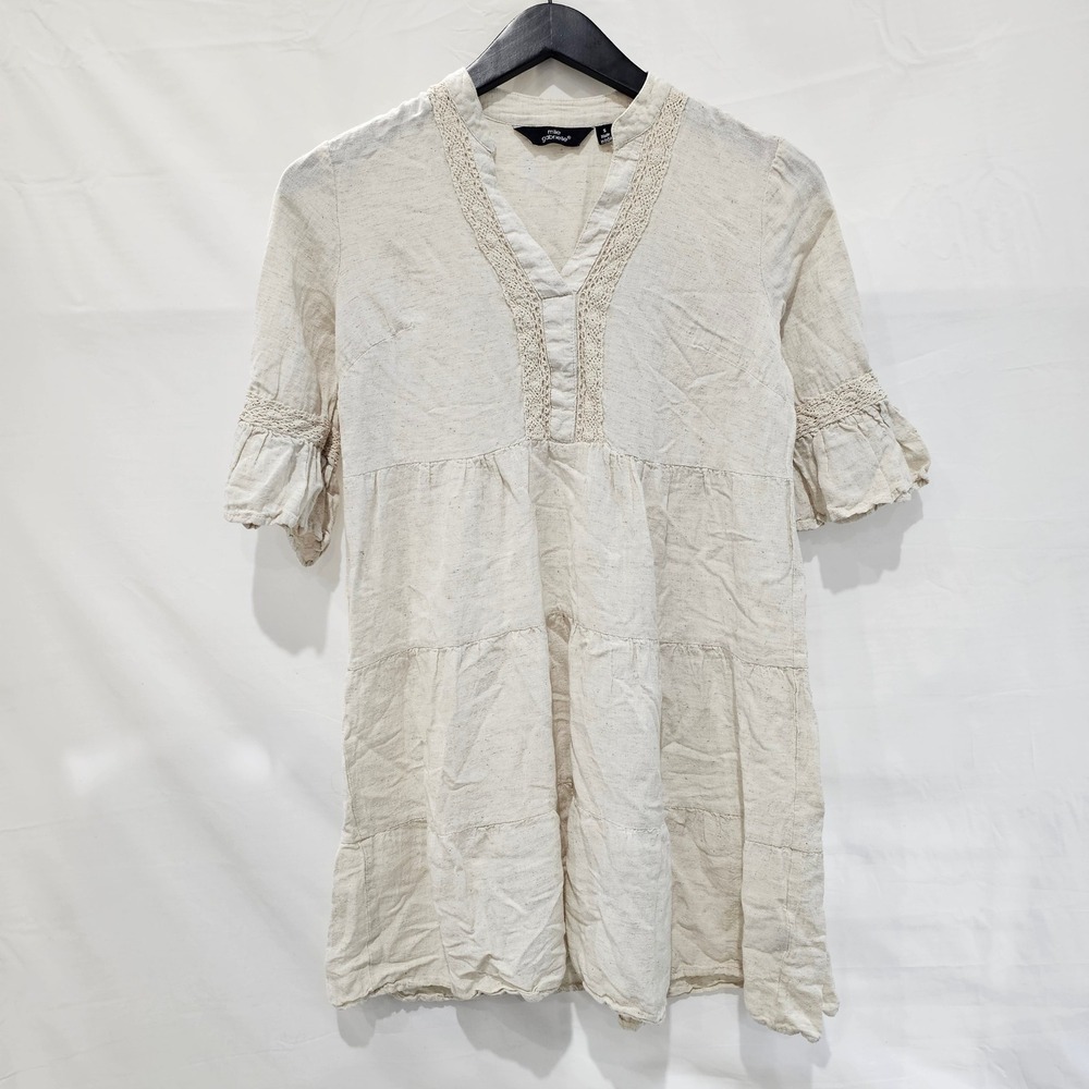 Mlle Gabrielle Womens Small Oatmeal Linen Blend Crochet Trim Tiered Mini Dress